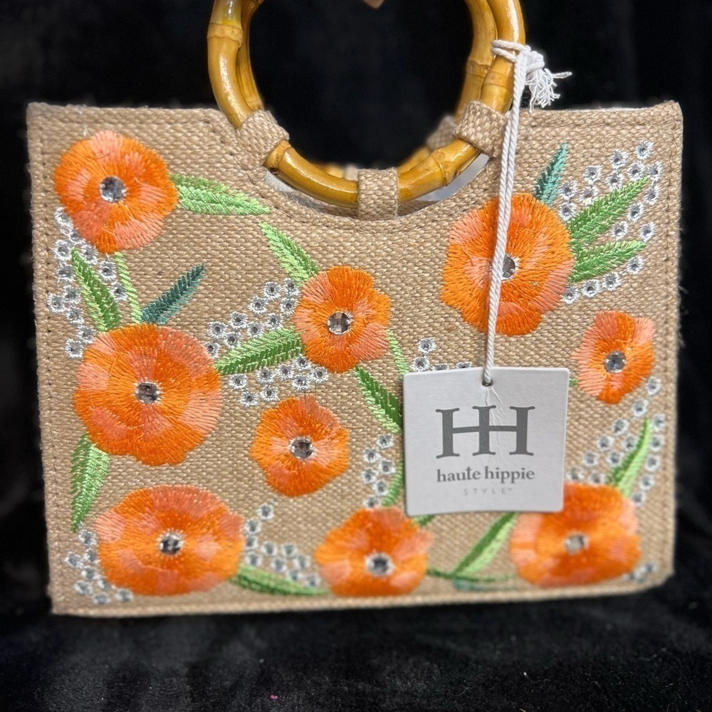 💐Haute Hippie Orange Floral Rhinestone accent Tote with Bamboo Handles-💐NWT - Picture 5 of 13